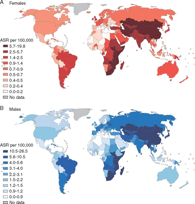 A map showing the incidence of oesophageal cancer across the world