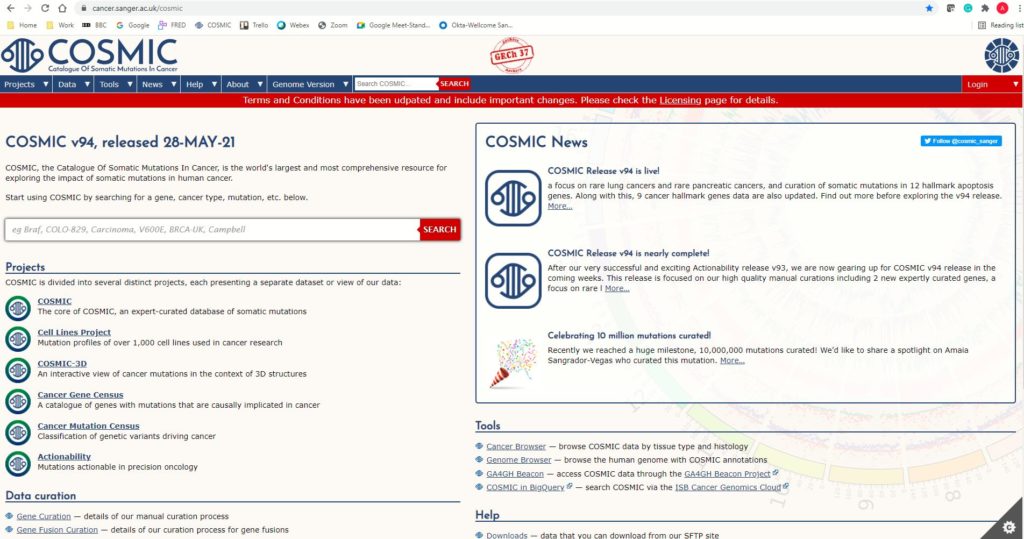 The homepage for COSMIC